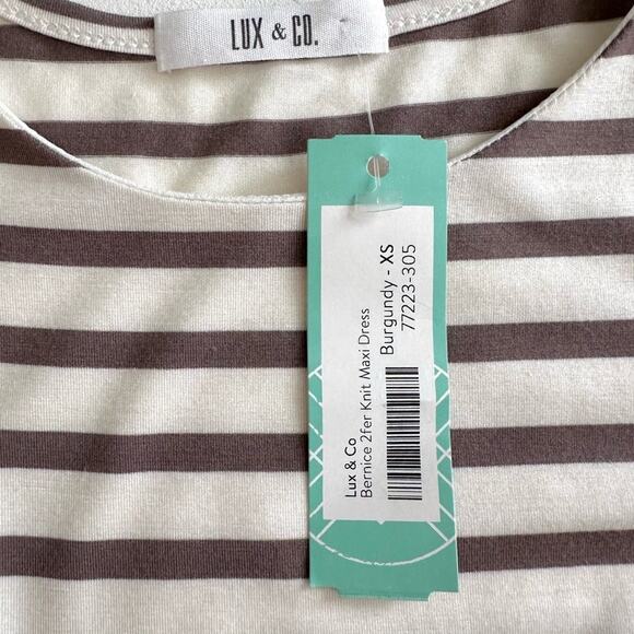 Lux & Co Bernice 2fer Knit Burgundy Tan Stripe Floral Pockets Maxi Dress XS NEW - Picture 3 of 13